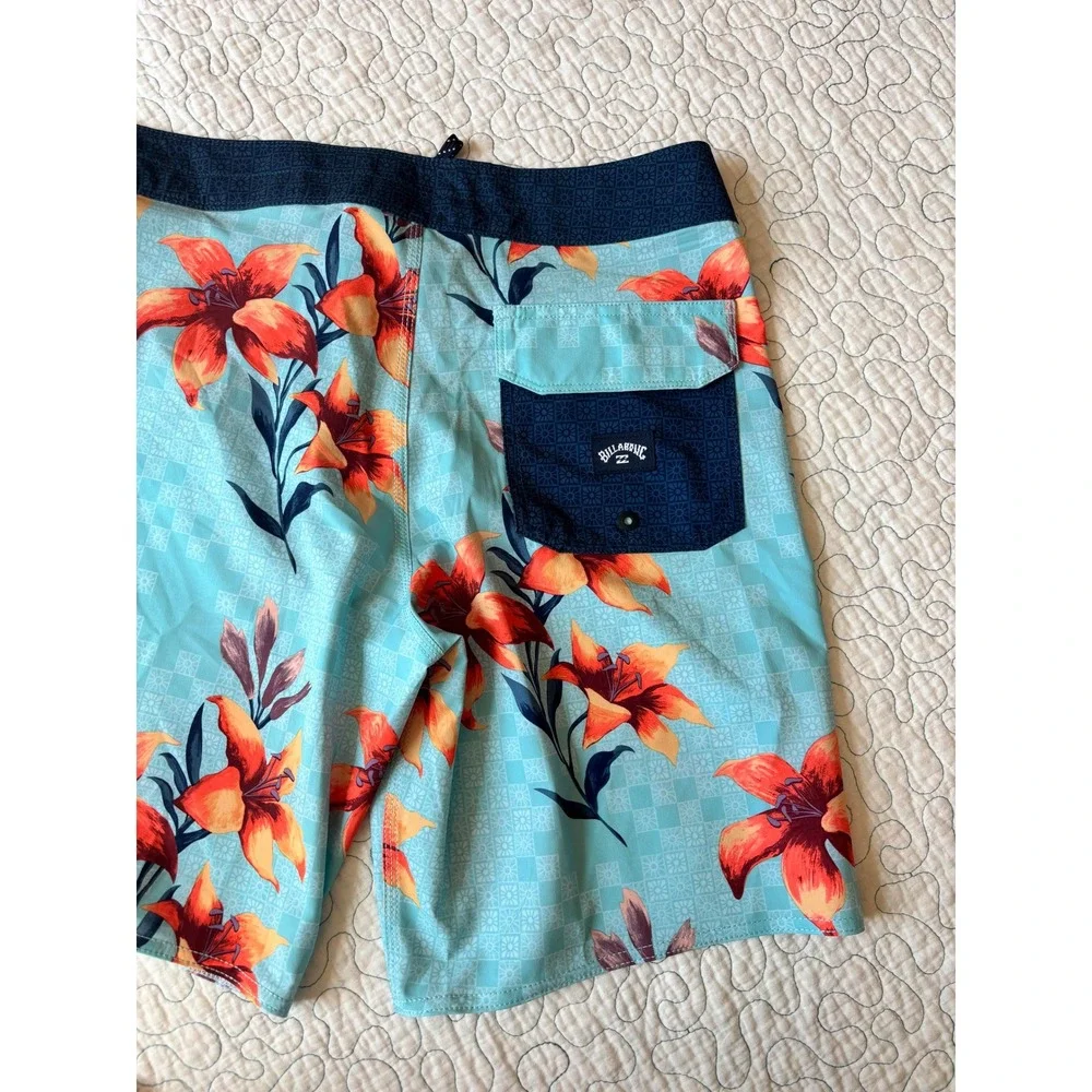 Billabong Sundays Pro Boardshorts Mens‎ 30 Blue Orange Floral Lily Swim Trunks